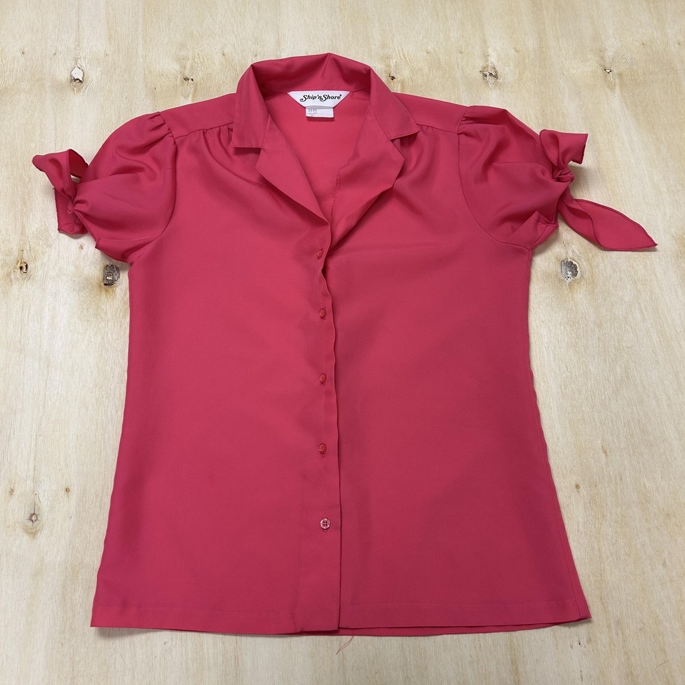 Vintage Ship 'n Shore Blouse Womens 8 Pink Puff Sleeve Tie Bow Button Front Top